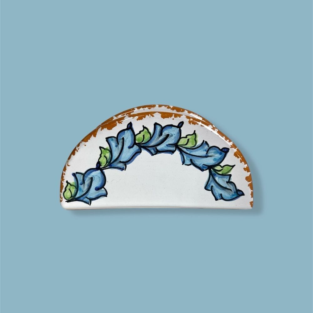 Vintage ‘70s Hand Painted Ceramic Napkin Holder with a Blue Floral Design